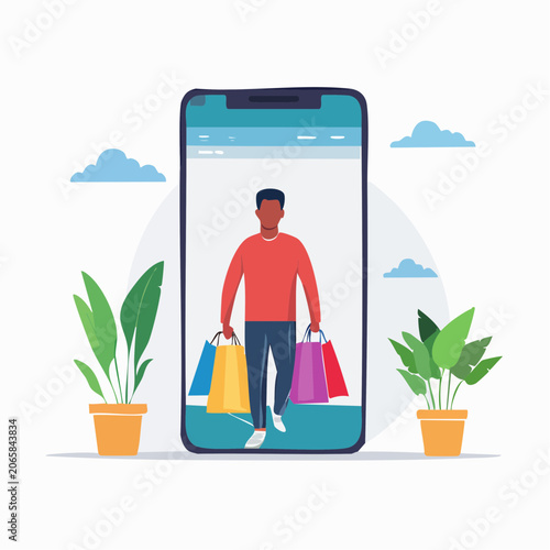 Man with Shopping Bags on Smartphone Screen