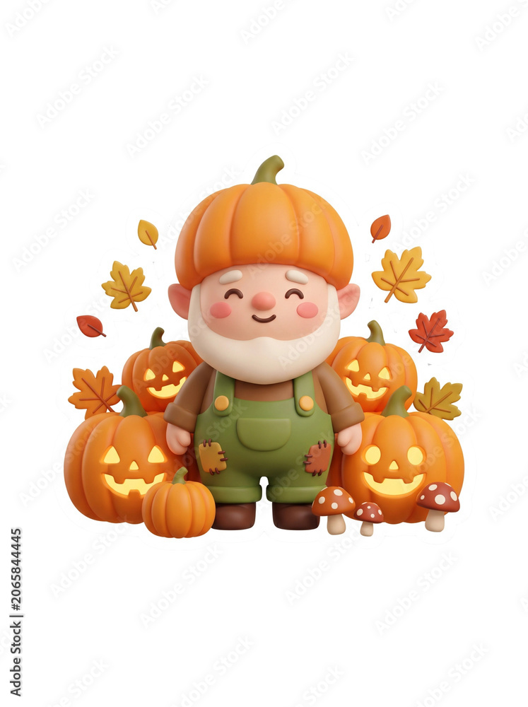 Fototapeta premium Cute Pumpkin Boy Surrounded by Jack O Lanterns - Adorable autumn character with a pumpkin hat, standing among glowing pumpkins and colorful fall leaves. (AI)