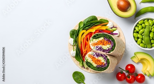 Healthy Vegetable Wrap with Avocado and Edamame on White Background