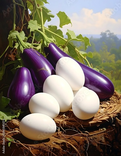 Fresh purple and white eggplants on wooden table.