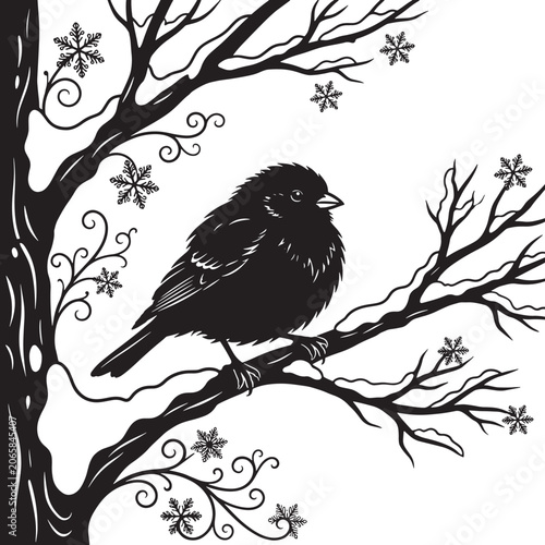 Winter Bird On Snowy Branch Vector Silhouette