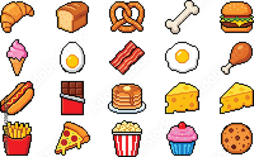 Pixel art food icons including croissant, bread, pretzel, bone, burger, and various snacks