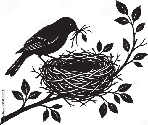 Bird Building Nest On Branch Vector Silhouette