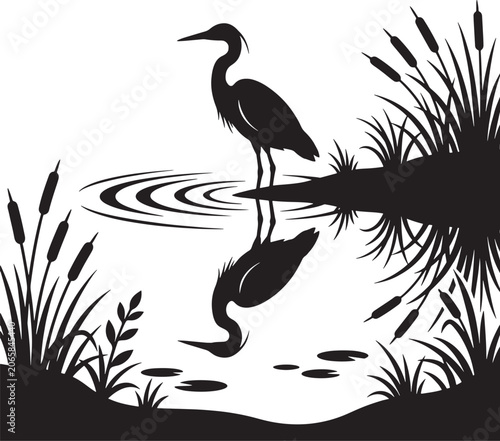 Heron Bird Water Reflection Vector Silhouette
