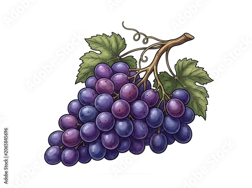Fresh purple grapes with green leaves on white background.
