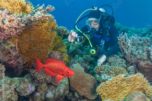 Scuba diver with an underwater camera taking a photo of a bright red bigeye fish on a vibrant coral reef.