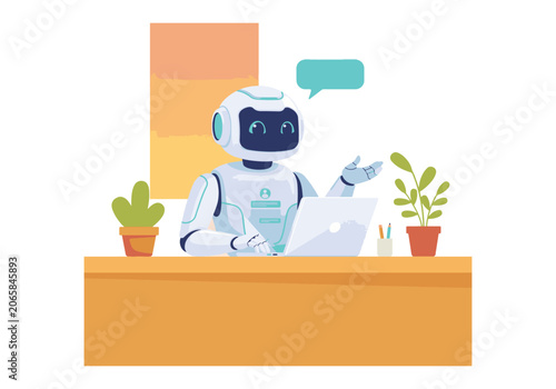 Robot Ai Assistant Icon Png Isolated on Transparent Background, Friendly Cartoon with Laptop Chat Bubbles and Desk Plants