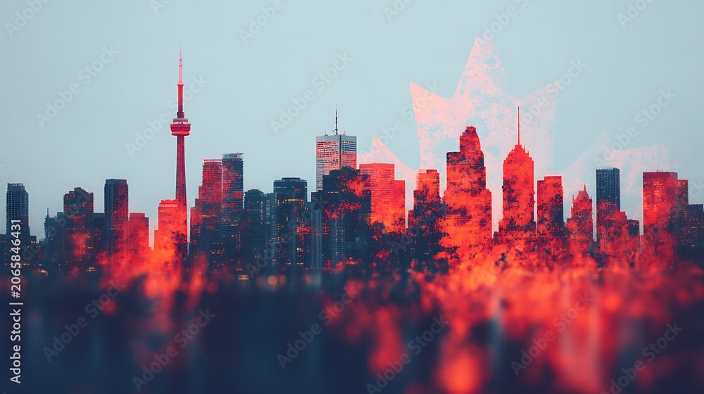 Naklejka premium Toronto city skyline with the CN Tower overlayed by a transparent red maple leaf, symbolizing Canada.
