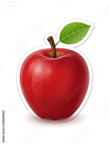 Fresh red apple with green leaf on white background.