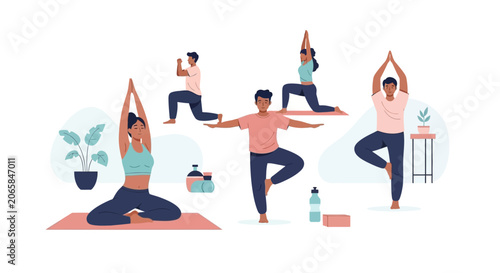 People doing yoga poses together.