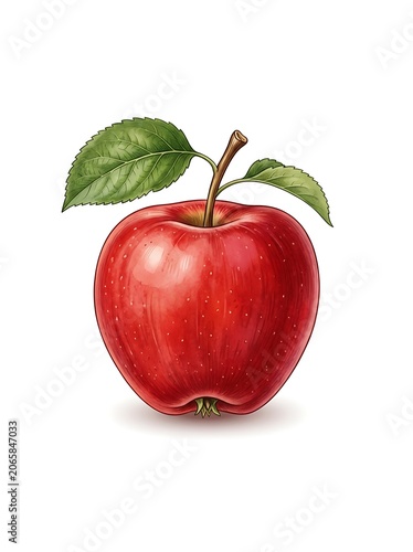 Fresh red apple with green leaf on white background.