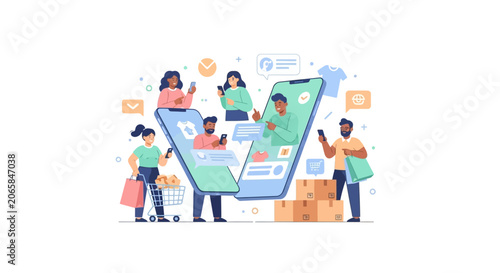 People interacting with large smartphones.