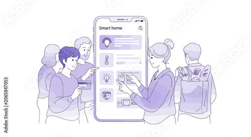 People interacting with large smartphone.