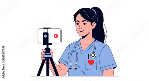 Female doctor recording video on smartphone.