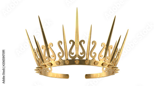 A detailed golden crown with sharp spikes and ornate metal patterns, isolated on a white background, representing royalty and power concepts