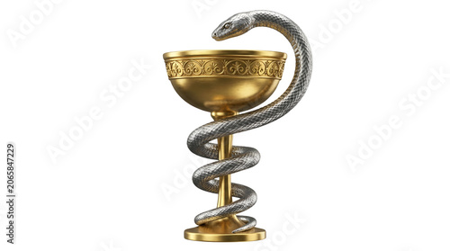 A golden rod of asclepius symbol featuring a metallic snake coiled around a cup, isolated on a white background, for medical and, pharmacy themes