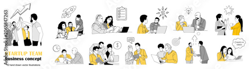 Fényképezés Modern line art shows startup teamwork in action