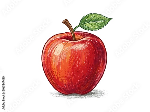Fresh red apple with green leaf on white background.
