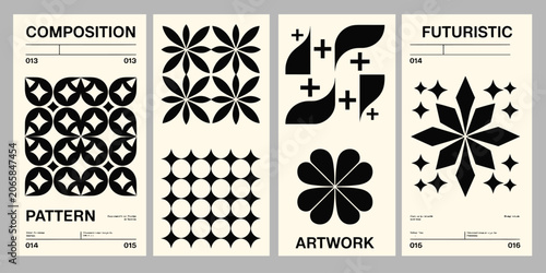 Fotografie Retro futuristic vector minimalistic posters featuring silhouette basic figures,