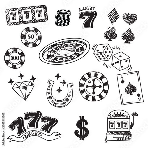 Casino and Gambling Doodles Set Retro Hand Drawn Las Vegas Icon Elements