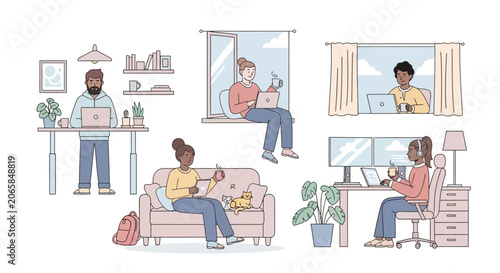 People working from home on computers.