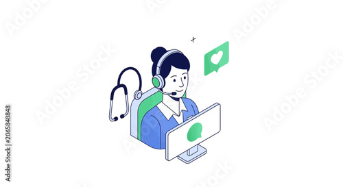 Woman wearing headset at computer desk.