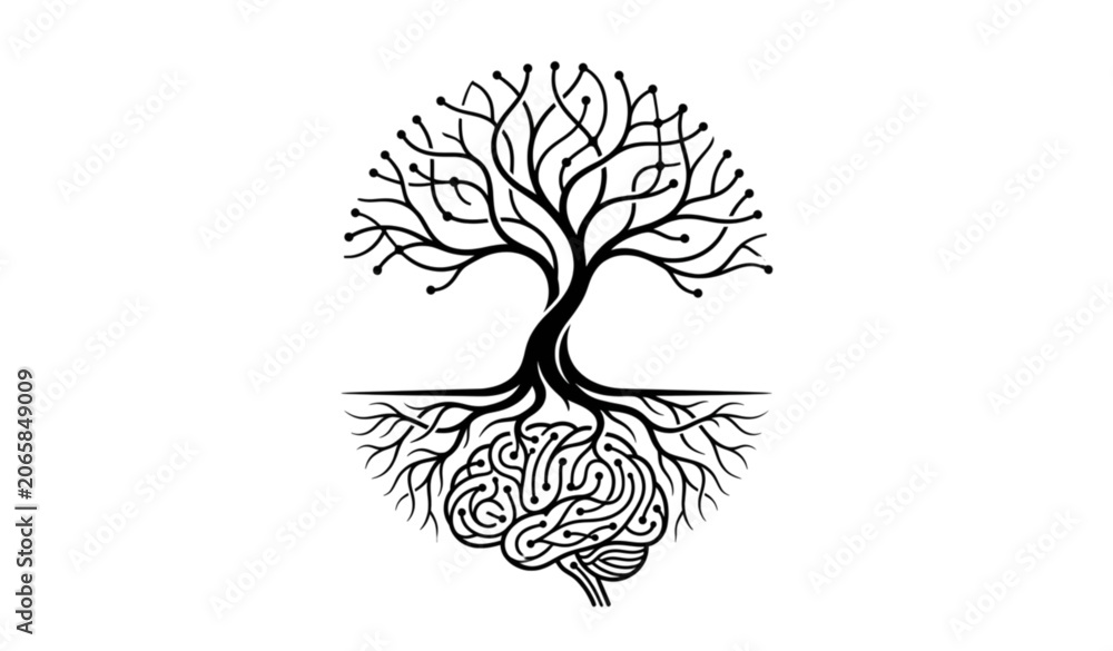 Fototapeta premium Abstract Tree Form Transforming into Neural Root Network – Concept of Life, Growth and Connection Vector Illustration