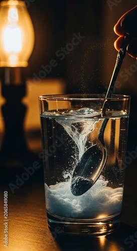 Magnesium powder stirred into glass of water by hand. Evening supplement ritual for stress relief and sleep. Healthy lifestyle, mineral nutrition, wellness and nighttime routine concept.