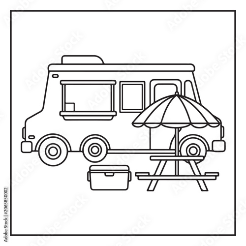 Summer Vacation Coloring Page with Beach, Camping, Picnic, Garden, Travel and Outdoor Leisure Activities – Black and White Line Art for Kids and Adults