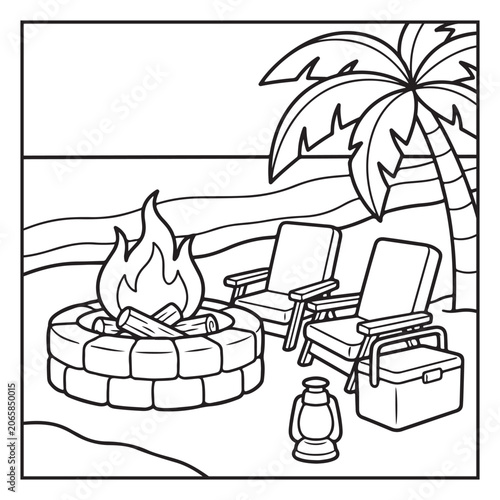 Summer Vacation Coloring Page with Beach, Camping, Picnic, Garden, Travel and Outdoor Leisure Activities – Black and White Line Art for Kids and Adults