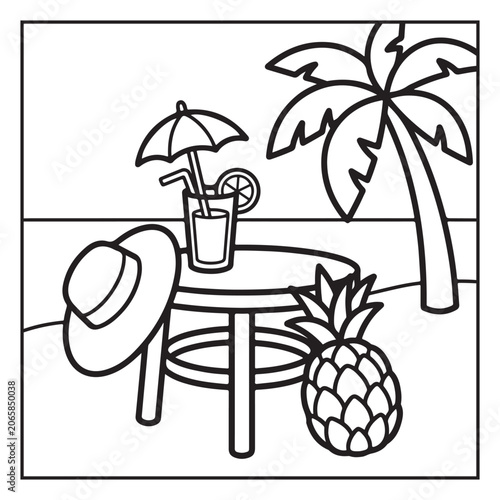 Summer Vacation Coloring Page with Beach, Camping, Picnic, Garden, Travel and Outdoor Leisure Activities – Black and White Line Art for Kids and Adults