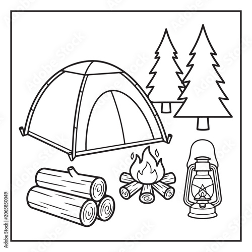 Summer Vacation Coloring Page with Beach, Camping, Picnic, Garden, Travel and Outdoor Leisure Activities – Black and White Line Art for Kids and Adults