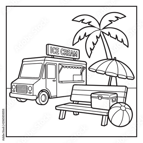Summer Vacation Coloring Page with Beach, Camping, Picnic, Garden, Travel and Outdoor Leisure Activities – Black and White Line Art for Kids and Adults