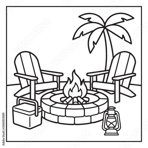 Summer Vacation Coloring Page with Beach, Camping, Picnic, Garden, Travel and Outdoor Leisure Activities – Black and White Line Art for Kids and Adults