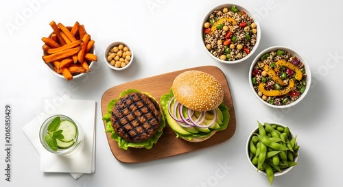 Delicious burger with grilled patty on wooden board with food