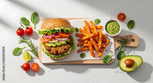 Vegan burger with sweet potato fries and avocado on a plate