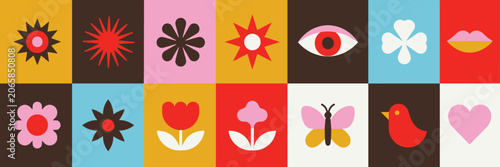 Foto Colorful geometric pattern of icons including flowers eyes lips butterfly bird a