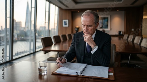 Senior business executive reviewing documents in a modern boardroom during a strategic decision-making process