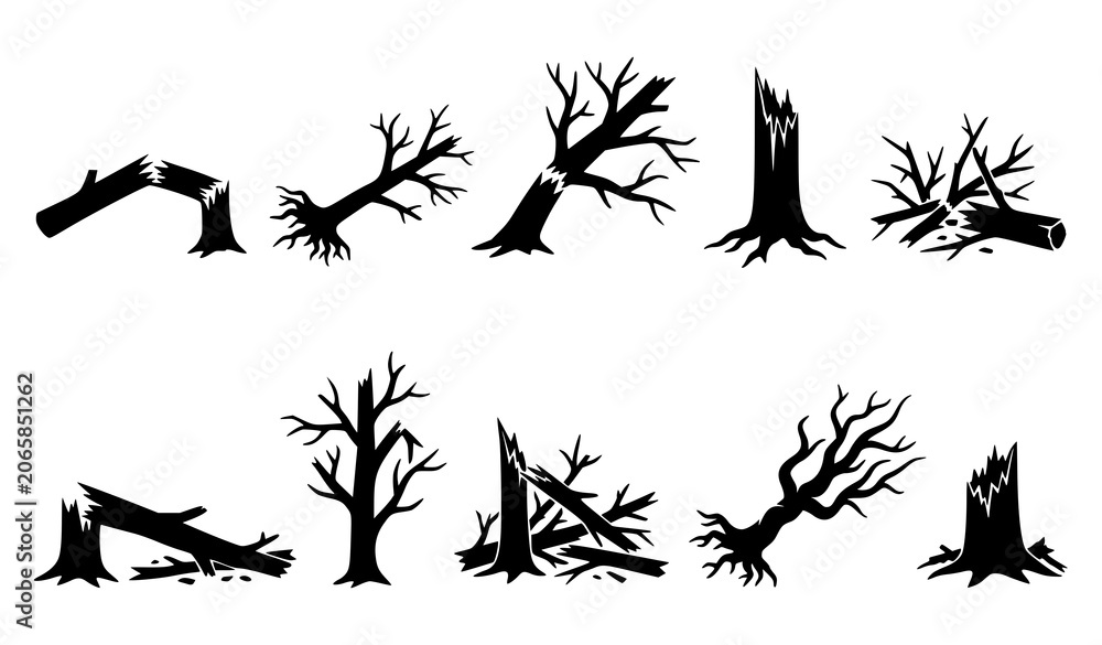 Obraz premium Broken Tree Silhouettes Set with Fallen Trunks and Bare Branches Isolated Black Forest Vector Illustration