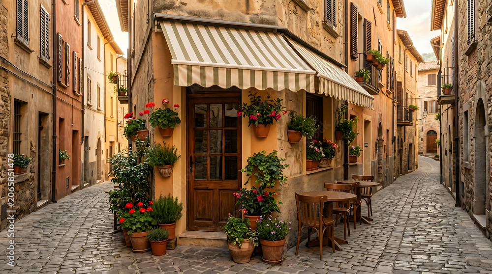 Obraz premium Corner street cafe with round tables and striped awning, potted herbs, narrow cobblestone street, warm afternoon light