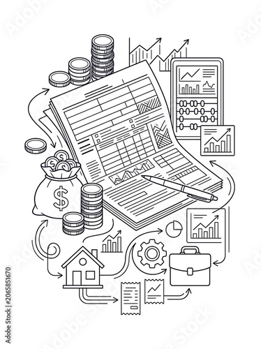 Detailed infographic illustration of industrial machinery system.