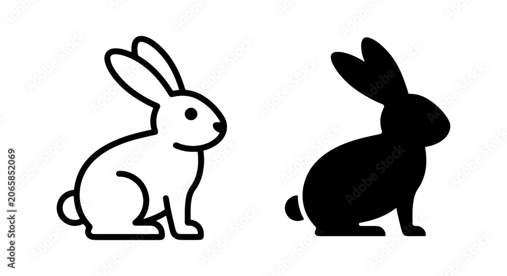 Fototapeta premium Rabbit Icon Set, Simple Line Art & Silhouette Vector Graphics, Cute Bunny Symbols for Easter, Spring, and Animal Themes