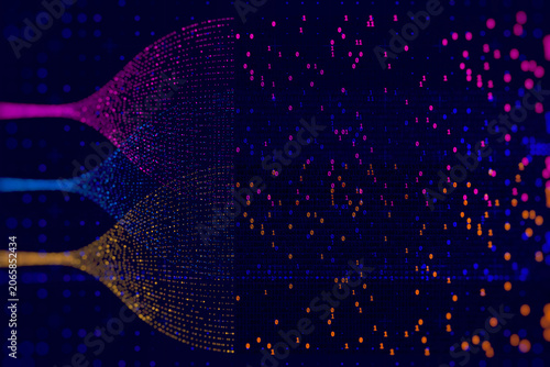 Abstract digital data flow visualization with binary code, particle streams and network waves on dark technology background. Big data processing, AI analytics, cybersecurity and cloud computing.