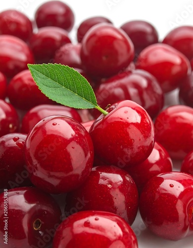 Fresh red cherries with a single green leaf.