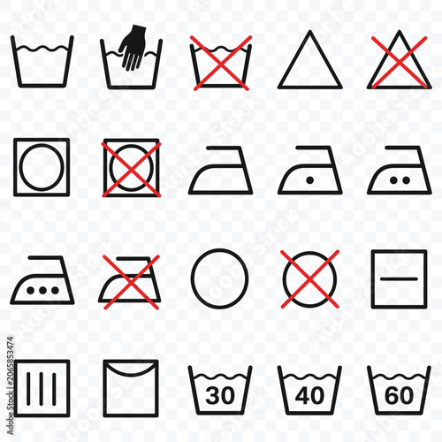 Complete set of minimalist laundry care symbols for garment instruction labels and textile packaging design featuring washing ironing and drying icons