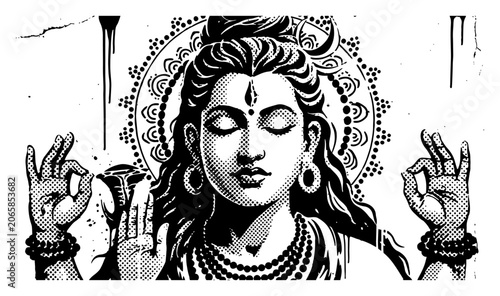 Tableau sur toile Hindu god Shiva meditating with mudra hand gestures and mandala halo in halftone