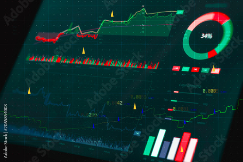 Financial dashboard on tablet screen with market charts, performance metrics and trading indicators. Fintech analytics, investment monitoring, business intelligence and data driven decision making.