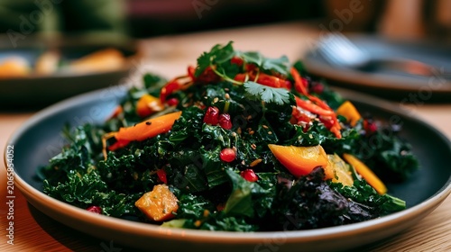 Vibrant kale salad served attractively on a ceramic plate showcasing a striking contrast of warm and cool tones