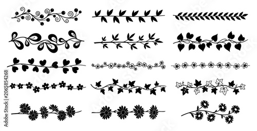 Floral dividers and decorative leaf borders in minimalist botanical silhouette style