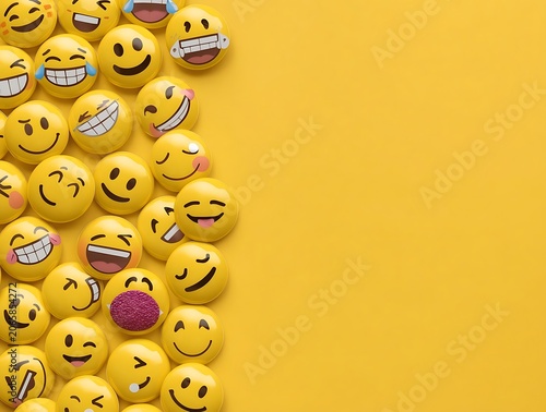 Collection of Yellow Emoji Buttons on Yellow Background